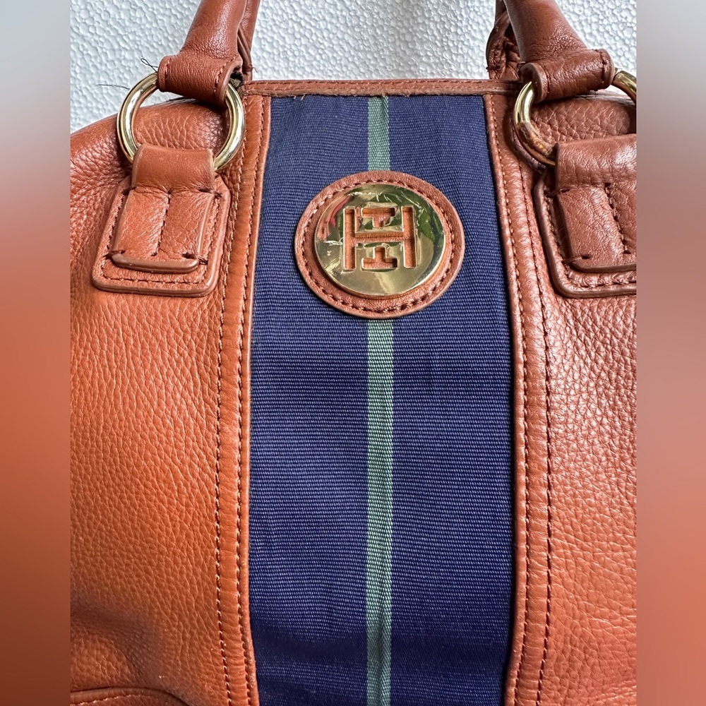 Tommy Hilfiger Brown Leather Satchel with Navy Stripe - Picture 3 of 7